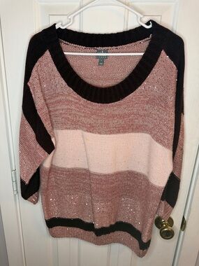 New York & Co Pink & Maroon Striped Knit 3/4 Sleeve Sweater with subtle sequins.